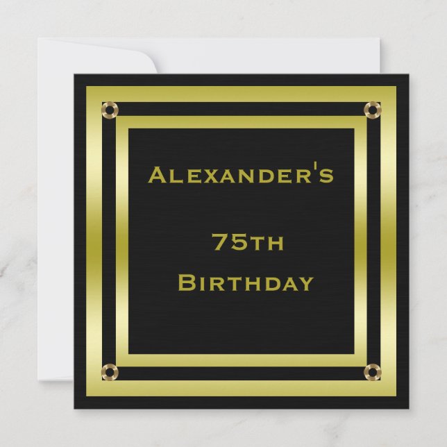 Elegant Black & Guld Framed Man's 75:e Birthday Inbjudningar (Framsida)