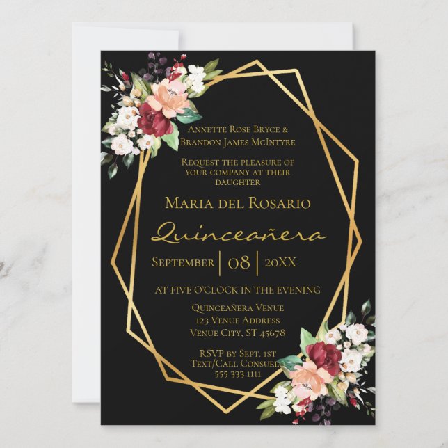 Elegant Black Guld Geometric Blommigt Quinceañera Inbjudningar (Framsida)