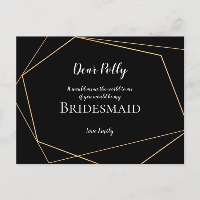 Elegant Black & Guld Geometric/Bridesmaid Request Vykort (Framsida)