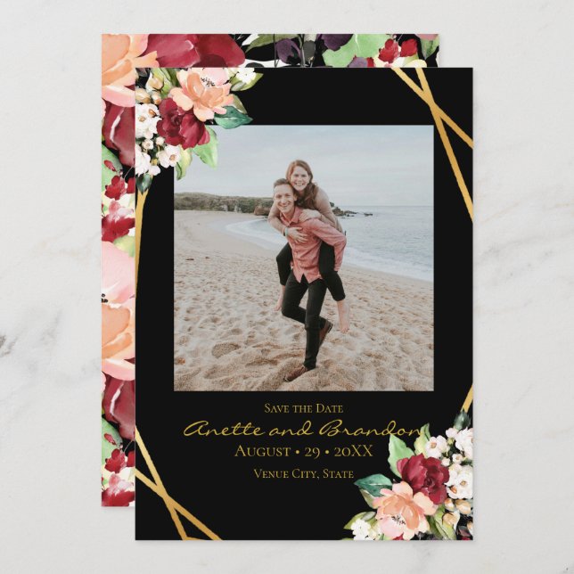 Elegant Black Guld Geometric Burgundy Blommigt Spara Datumet (Fram/baksida)