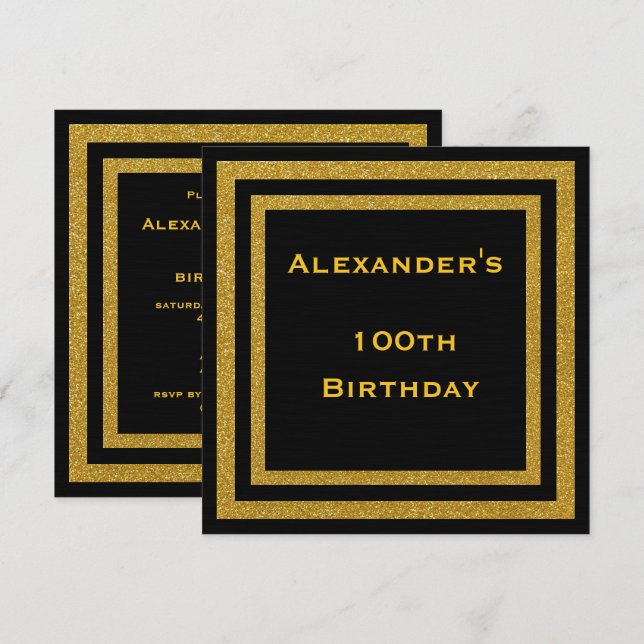 Elegant Black & Guld Glitter, 100:e födelsedag Inbjudningar (Fram/baksida)