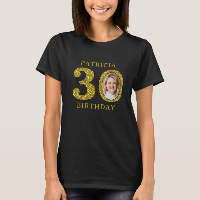 Elegant Black Guld Glitter 30års födelsedag Photo T Shirt (Framsida)