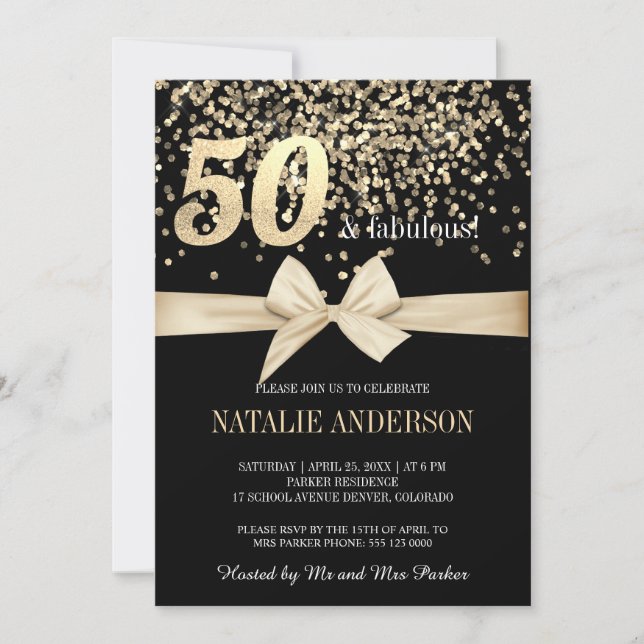 Elegant Black Guld Glitter 50:e Födelsedagsfesten Inbjudningar (Framsida)