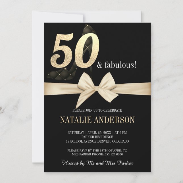 Elegant Black Guld Glitter 50:e Födelsedagsfesten Inbjudningar (Framsida)