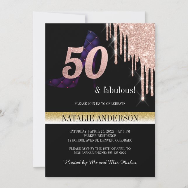 Elegant Black Guld Glitter 50:e Födelsedagsfesten Inbjudningar (Framsida)