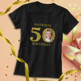 Elegant Black Guld Glitter 50:e födelsedagsfoto T Shirt