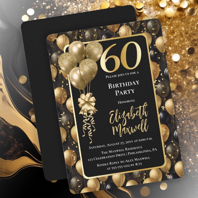 Elegant Black Guld Glitter-ballonger 60:e födelsed Inbjudningar (Elegant Black Gold-Tone Faux Glitter Balloons Pattern 60th Birthday Party Invitation 
Print Digital)