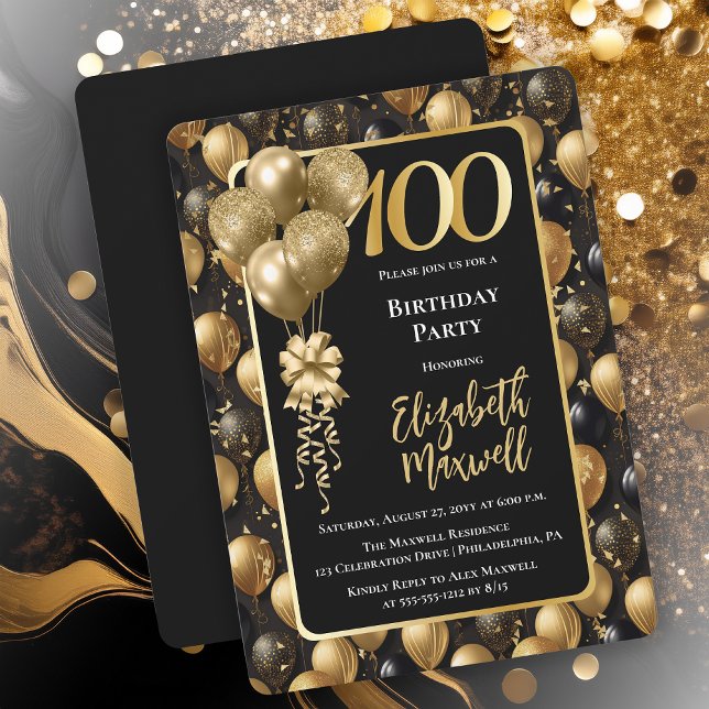 Elegant Black Guld Glitter Balloon 100-årsdagen Inbjudningar (Elegant Black Gold-Tone Faux Glitter Balloons Pattern 100th Birthday Party Invitation 
Print Digital)