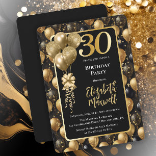 Elegant Black Guld Glitter Balloons 30års födelsed Inbjudningar