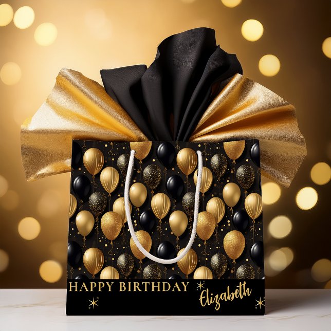 Elegant Black Guld Glitter Balloons Mönster A021 (Elegant Black and Gold Faux Glitter Balloons Pattern A021 "Happy Birthday" [Name] Large Gift Bag)