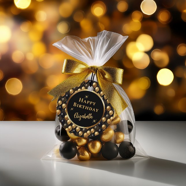 Elegant Black Guld Glitter Balloons Mönster A021 Gåvor Etiketter (Elegant Black and Faux Gold Glitter Balloons Pattern "Happy Birthday" Favor Tags)
