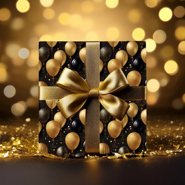 Elegant Black Guld Glitter Balloons Mönster A021 Presentpapper (Elegant and Festive Black and Faux Gold Glitter Balloons Pattern Wrapping A021 Paper)