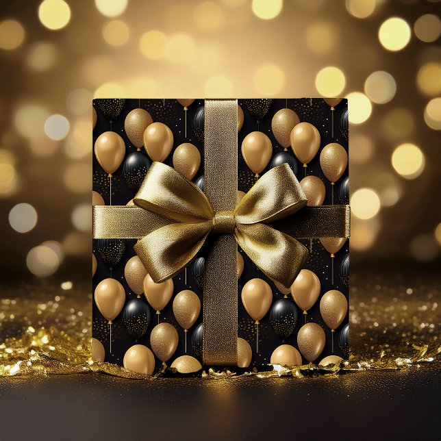 Elegant Black Guld Glitter Balloons Mönster A024 Presentpapper (Elegant and Festive Black and Faux Gold Glitter Balloons Pattern A024 Wrapping Paper)
