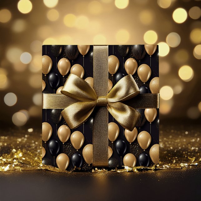 Elegant Black Guld Glitter Balloons Mönster A025 Presentpapper (Elegant and Festive Black and Faux Gold Glitter Balloons Pattern A025 Wrapping Paper)
