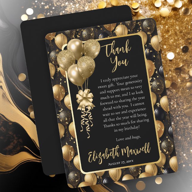 Elegant Black Guld Glitter Ballothday Tack Kort (Elegant Black Gold-Tone Faux Glitter Balloons Pattern Birthday Party Thank You Card)