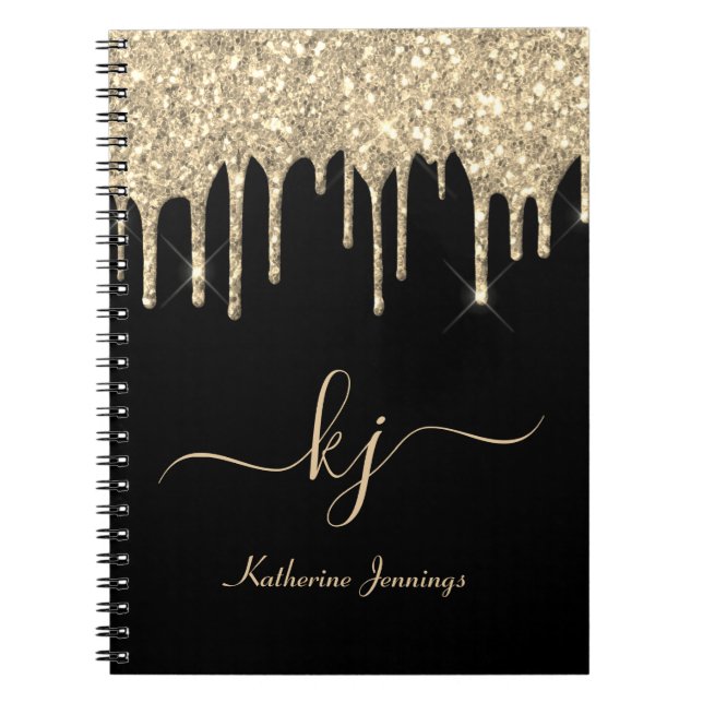 Elegant Black Guld Glitter Drives 2 Monogram-skrip Anteckningsbok (Framsidan)