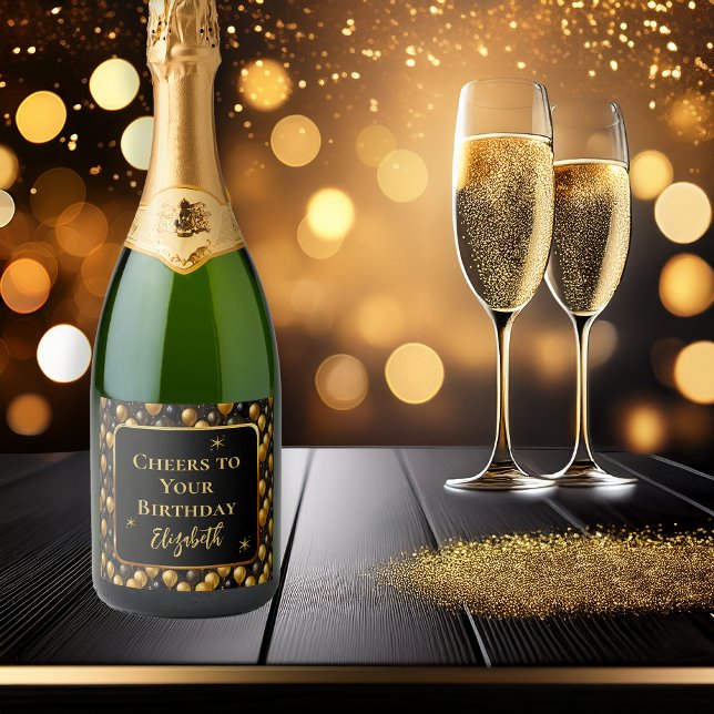 Elegant Black Guld Glitter födelsedag i (Elegant Black Gold Faux Glitter Balloons "Cheers to Your Birthday" [Name] Sparkling Wine Label)