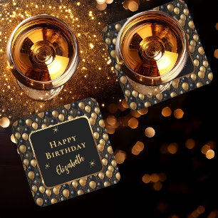 Elegant Black Guld Glitter födelsedag i Underlägg Papper Kvadrat