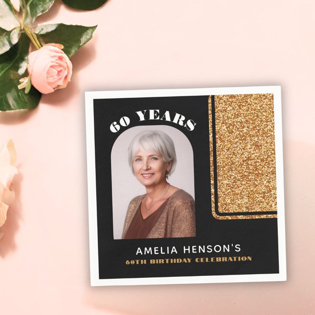 Elegant Black Guld Glitter Foto 60:e födelsedagen Pappersservett (Skapare uppladdad)