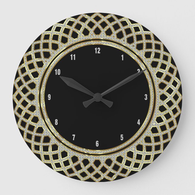 Elegant Black Guld & Glitter Geometric Mönster Stor Klocka (Framsida)