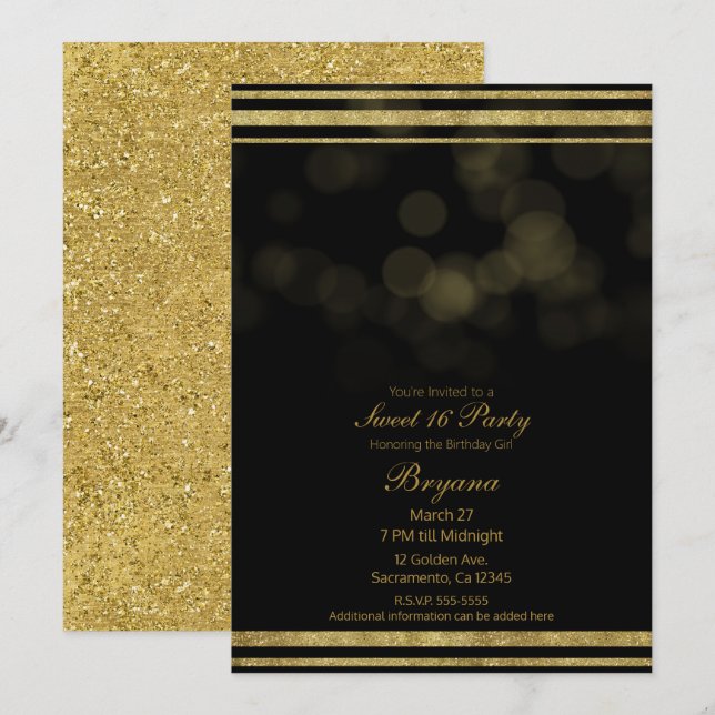 Elegant Black Guld Glitter Gnistra Sweet 16 Party Inbjudningar (Fram/baksida)
