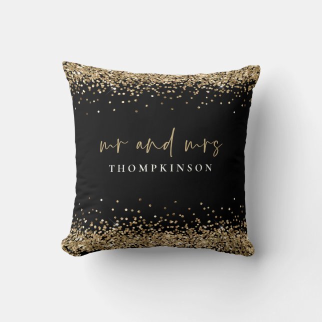 Elegant Black Guld Glitter Gräns Nya herr Namn Kudde (Framsida)