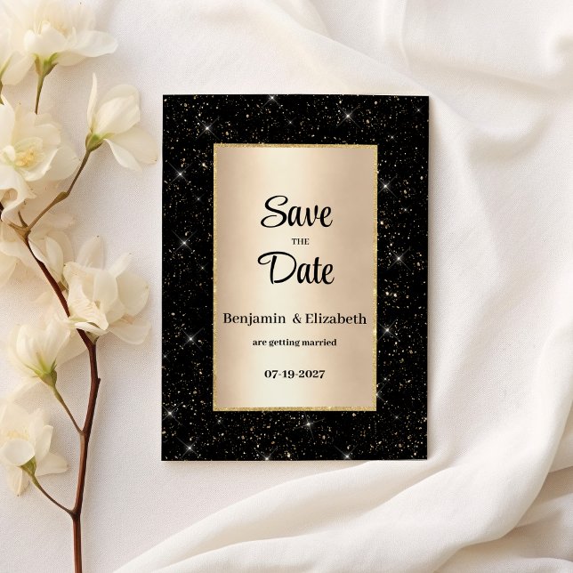 Elegant black guld glitter-konfekti Spara datum Inbjudningar (Elegant black gold glitter confetti Save the Date)