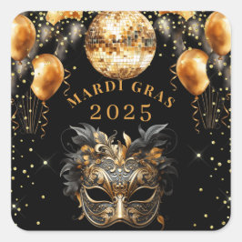 Elegant Black Guld Glitter Mardi Gras 2025 Fyrkantigt Klistermärke