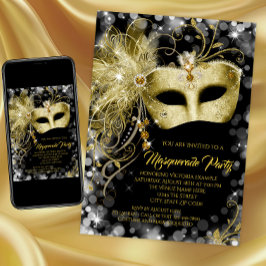 Elegant Black Guld Glitter Masquerad Party Inbjudningar