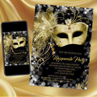 Elegant Black Guld Glitter Masquerad Party Inbjudningar