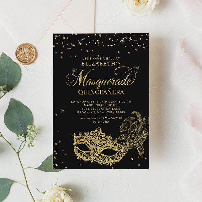 Elegant Black Guld Glitter Masquerad Quinceañera Inbjudningar (Skapare uppladdad)