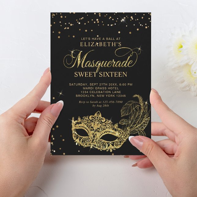 Elegant Black Guld Glitter Masquerad Sweet 16 Inbjudningar (Skapare uppladdad)