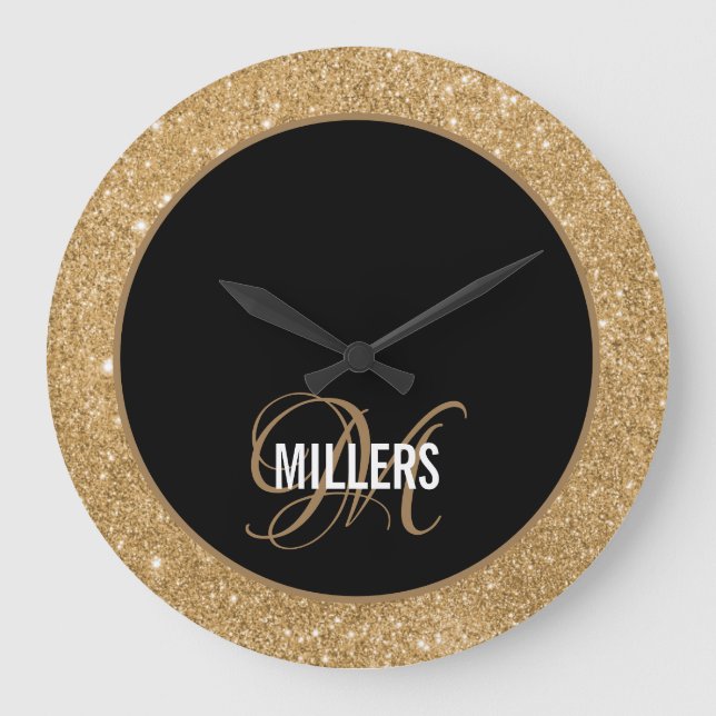 Elegant Black guld glitter monogram-familjen namn Stor Klocka (Framsida)