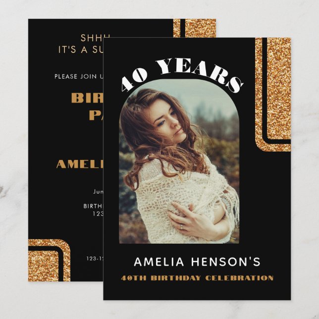 Elegant Black Guld Glitter Photo 40:e födelsedagen Inbjudningar (Fram/baksida)