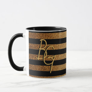 Elegant Black Guld Glitter Rand Monogram Anpassnin Mugg