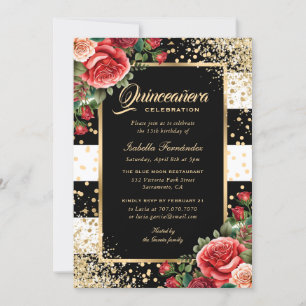 Elegant Black Guld Glitter Red Blommigt Quinceañer Inbjudningar