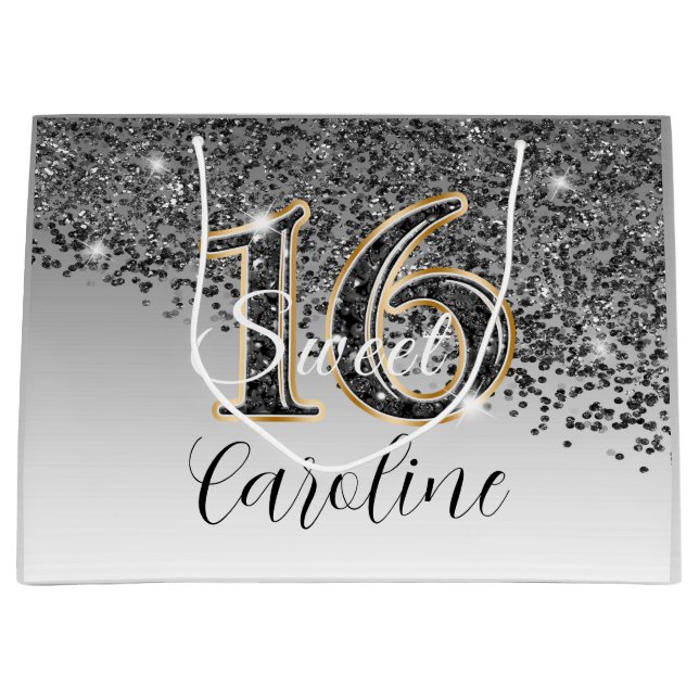 Elegant Black & Guld Glitter Sweet 16 Birthday (Framsidan)