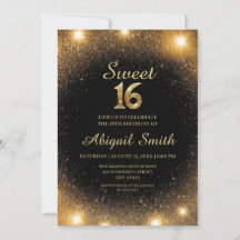 Elegant Black & Guld Gnistra Sweet 16-inbjudan