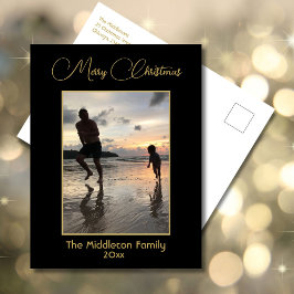 Elegant Black & Guld God jul-familjfoto Helg Vykort