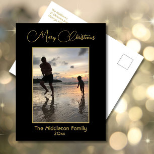 Elegant Black & Guld God jul-familjfoto Helg Vykort