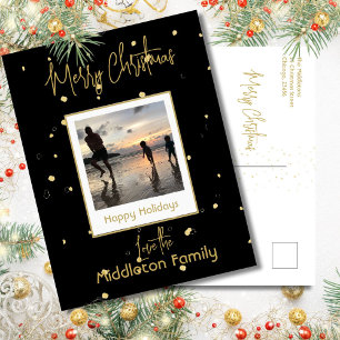 Elegant Black & Guld God jul-familjfoto Helg Vykort