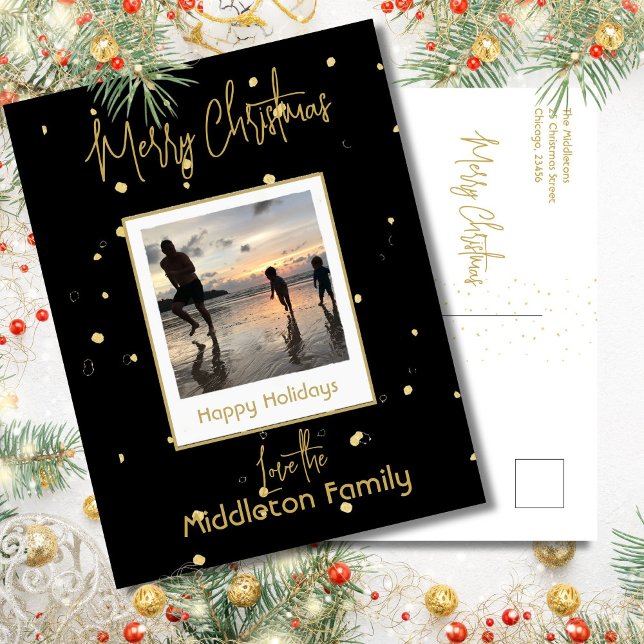 Elegant Black & Guld God jul-familjfoto Helg Vykort (Skapare uppladdad)