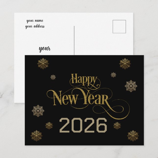 Elegant Black Guld Gott nytt år 2026 snöflingor Vykort (Fram/baksida)