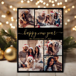 Elegant Black Guld Gott nytt år 5 Photo Collage Julkort<br><div class="desc">Modern Calligraphy med enkel Elegant Black och Guld 5 Photo Collage Gott nytt år Script Helgdag Card. Den här sjutna, minimalistiska, viskösa 5 (5) fotokortmallen Julhälsningar ett söt-rutnätsfotokollage och säger "Gott nytt år"! Texten från hälsning är skriven i ett vackert handskript som snabbt byts ut mot svan i guld mot...</div>