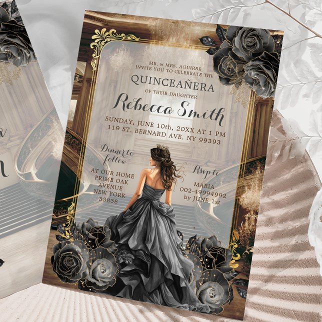 Elegant Black Guld Grand Ballroom Princess 15 Años Inbjudningar (Skapare uppladdad)