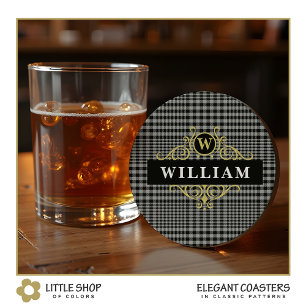 Elegant Black Guld Grått Glen Play Monogram Underlägg Papper Rund