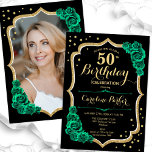 Elegant Black Guld Grönt Photo 50:e födelsedagen Inbjudningar<br><div class="desc">Elegantens blommigt 50-årsinbjudan med ditt foto på baksidan av kortet. Glam Black and emerald grönt design med faux glitter guld. Har grönt ro, skriptteckensnitt och kontur. Perfekt för en snyggt vuxen under firande party. Anpassa med dina egna detaljer. Kan anpassas för vilken ålder som helst! Skrivna Zazzle-inbjudningar eller digital utskrivbar...</div>