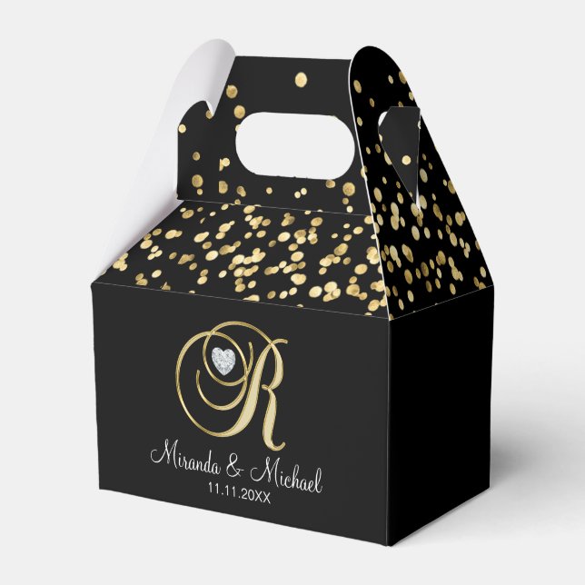 Elegant Black Guld Heart Monogram R Bröllop Gift Presentaskar (Framsidan Sidan)