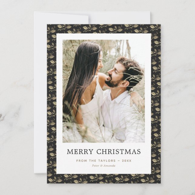 Elegant Black Guld Holly Photo God jul Julkort (Framsida)
