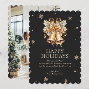 Elegant Black Guld jul Klockor Snowflake Photo Julkort